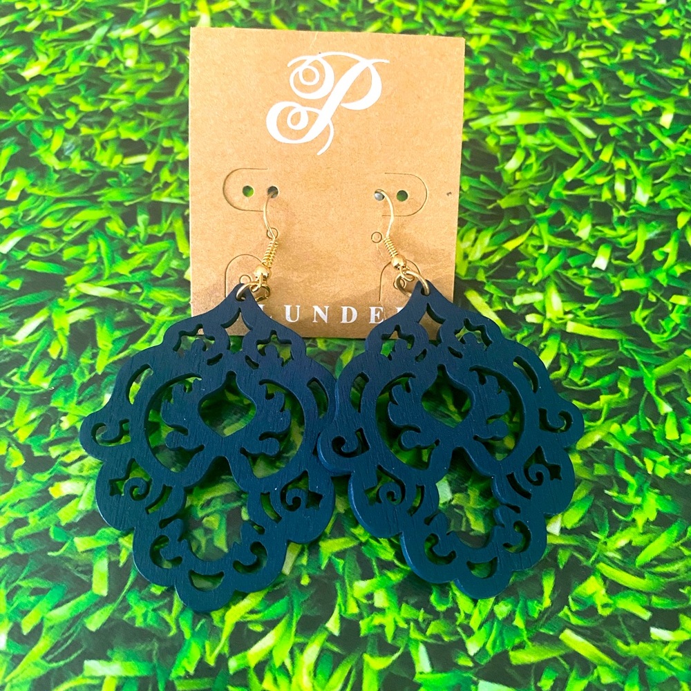 Plunder Navy Blue Wooden Earrings, Boho Jewelry